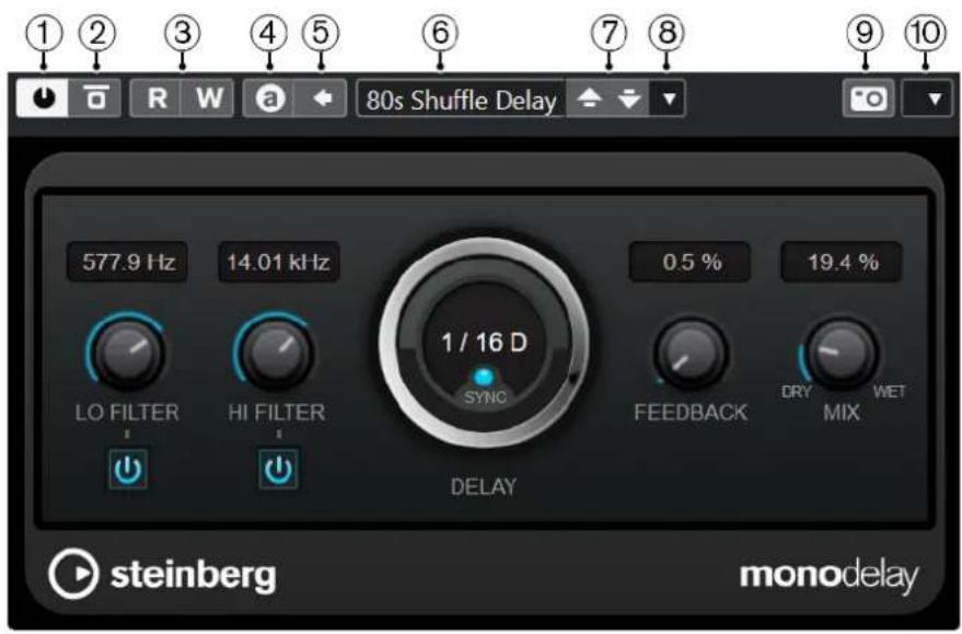 1 2 3 4 5 6 7 8 9 10 80s Shuffle Delay 577.9 Hz 14.01 kHz 1 / 16 D 0.5 % 19.4 % SYNC LO FILTER HI FILTER DELAY FEEDBACK DRY WET MIX steinberg monodelay