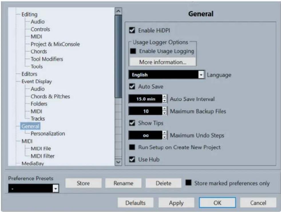 Editing Audio Controls MIDI Project & MixConsole Chords Tool Modifiers Tools Editors Event Display Audio Chords & Pitches Folders MIDI Tracks General Personalization MIDI MIDI File MIDI Filter MediaBay General Enable HiDPI Usage Logger Options Enable Usage Logging More information... English Language Auto Save 15.0 min Auto Save Interval 10 Maximum Backup Files Show Tips oo Maximum Undo Steps Run Setup on Create New Project Use Hub Preference Presets Store Rename Delete Store marked preferences only Defaults Apply OK Cancel