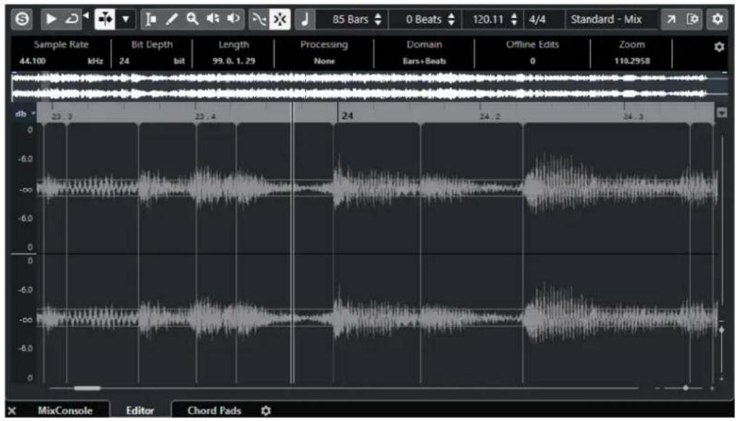 85 Bars 0 Beats 120.11 4/4 Standard - Mix Sample Rate 44.100 MHz 24 bit Length 99.0.1.29 Processing None Domain Bars+Beats Offline Edits 0 Zoom 110.2958 db 23.3 23.4 24 24.2 24.3 MixConsole Editor Chord Pads