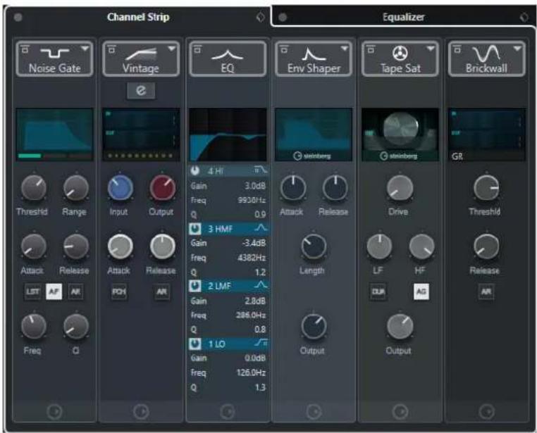 Channel Strip Noise Gate Vintage EQ Env Shaper Tape Sat Brickwall 4 Hz Gain 3.0dB Freq 9930Hz Q 0.9 3 HMF Gain -3.4dB Freq 4382Hz Q 1.2 2 LMF Gain 2.8dB Freq 286.0Hz Q 0.8 1 LO Gain 0.0dB Freq 126.0Hz Q 1.3 Equalizer Steinberg Drive LF HF DUR AG Output Output Threshold Release AR