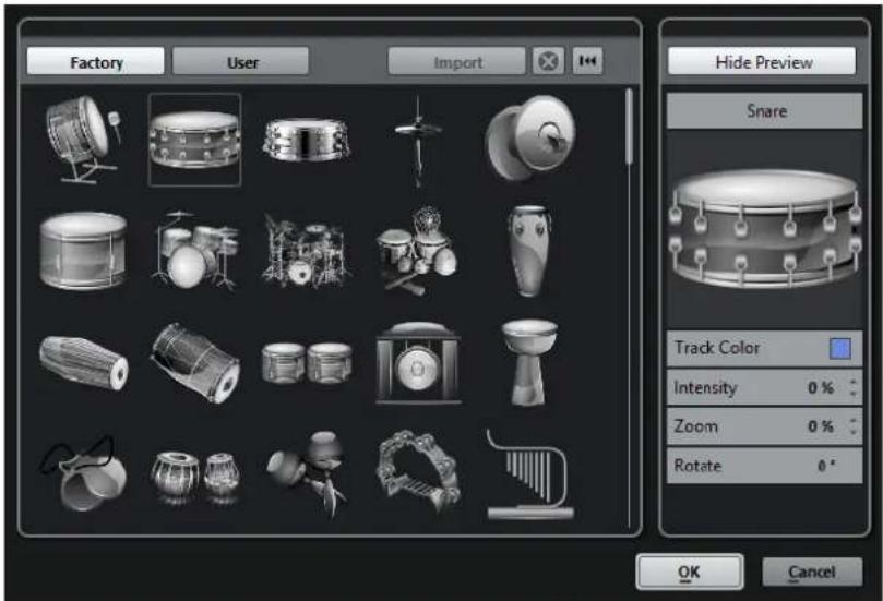 Factory User Import Hide Preview Snare Track Color Intensity 0 % Zoom 0 % Rotate 0 ° OK Cancel
