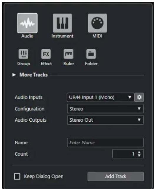 Audio Instrument MIDI Group FX Effect Ruler Folder More Tracks Audio Inputs UR44 Input 1 (Mono) Configuration Stereo Audio Outputs Stereo Out Name Enter Name Count 1 Keep Dialog Open Add Track