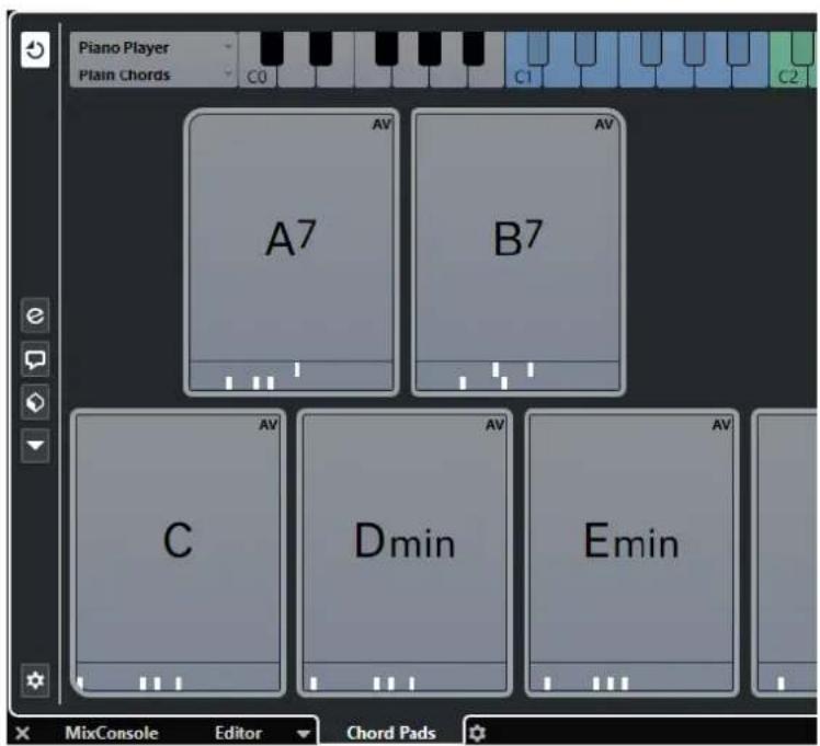 Piano Player Plain Chords C0 C1 C2 AV AV A7 B7 AV C Dmin Emin AV AV MixConsole Editor Chord Pads
