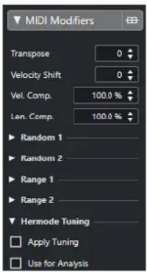 MIDI Modifiers Transpose 0 Velocity Shift 0 Vel. Comp. 100.0 % Len. Comp. 100.0 % ► Random 1 ► Random 2 ► Range 1 ► Range 2 ► Hermode Tuning □ Apply Tuning □ Use for Analysis