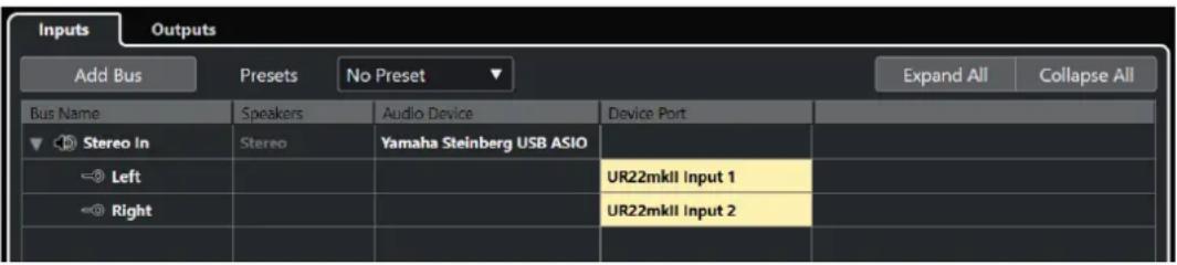 Inputs Outputs Add Bus Presets No Preset Expand All Collapse All Bus Name Speakers Audio Device Device Port Stereo In Stereo Yamaha Steinberg USB ASIO Left Right UR22mkII Input 1 UR22mkII Input 2