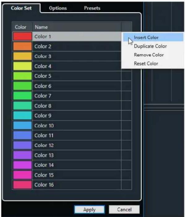 Color Set Options Presets Color Name Color 1 Color 2 Color 3 Color 4 Color 5 Color 6 Color 7 Color 8 Color 9 Color 10 Color 11 Color 12 Color 13 Color 14 Color 15 Color 16 Insert Color Duplicate Color Remove Color Reset Color Apply Cancel