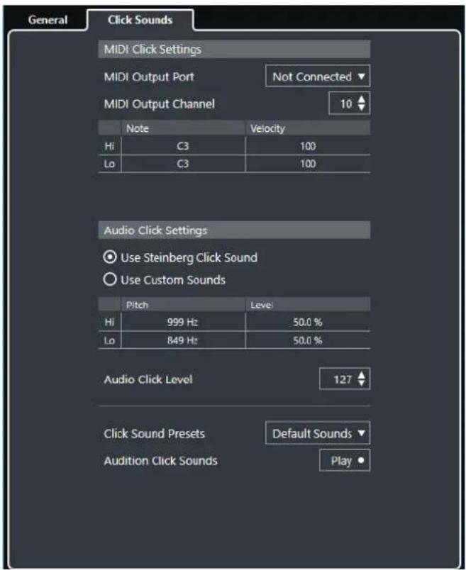 General Click Sounds MIDI Click Settings MIDI Output Port Not Connected MIDI Output Channel 10 Note Velocity Hi C3 100 Lo C3 100 Audio Click Settings Use Steinberg Click Sound Use Custom Sounds Pitch Level Hi 999 Hz 50.0 % Lo 849 Hz 50.0 % Audio Click Level 127 Click Sound Presets Default Sounds Audition Click Sounds Play