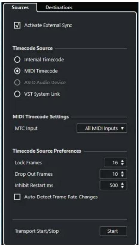 Sources Destinations ✓ Activate External Sync Timecode Source ○ Internal Timecode ○ MIDI Timecode ○ ASIO Audio Device ○ VST System Link MIDI Timecode Settings MTC Input All MIDI Inputs ▼ Timecode Source Preferences Lock Frames 16 ↓ Drop Out Frames 10 ↓ Inhibit Restart ms 500 ↓ □ Auto-Detect Frame Rate Changes Transport Start/Stop Start