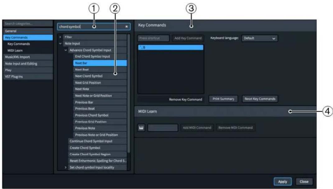 STEINBERG Dorico Elements 3.5 - Page des raccourcis clavier dans la boîte de dialogue Préférences - 1