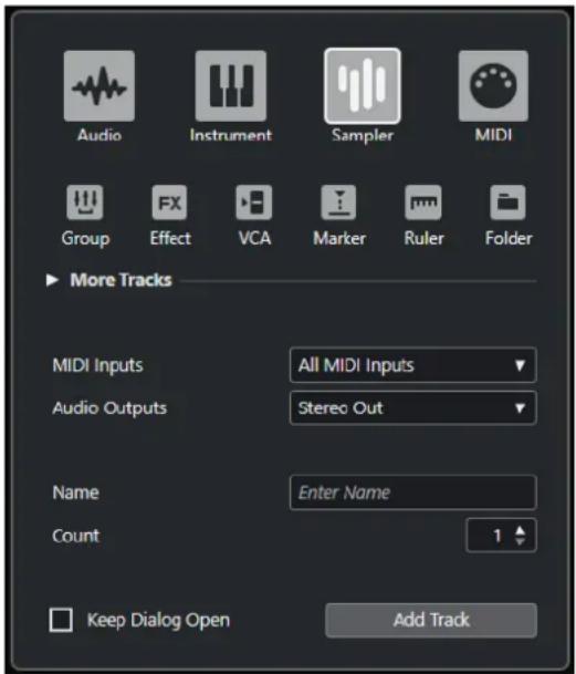 STEINBERG Cubase Pro 13 - Boîte de dialogue Ajouter une piste - Échantillonneur - 1