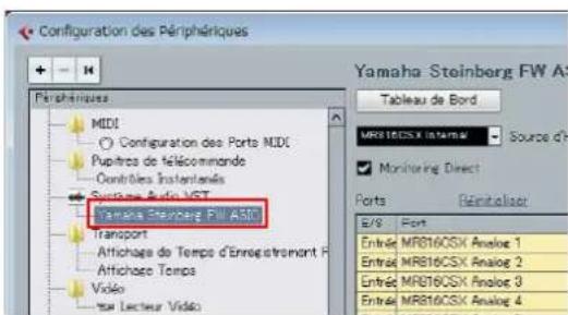 STEINBERG MR816X - Dans le champ Périphériques, sélectionnez « Yamaha Steinberg FW ASIO »/« Yamaha Steinberg FW ». - 1