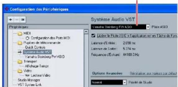 STEINBERG MR816X - Sélectionnez [Périphériques] → [Configuration des Périphériques...] pour ouvrir la fenêtre Configuration des Périphériques. Sélectionnez « Système Audio VST » dans la colonne Périphériques, puis vérifiez si l'élément « Yamaha Steinberg FW ASIO »/«Yamaha Steinberg FW » est sélectionné dans la colonne Pilote ASIO. - 1