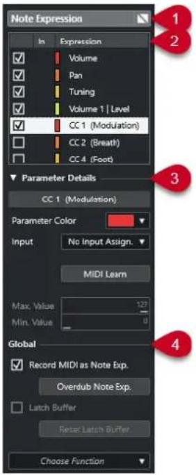 STEINBERG Cubase Artist 13 - Section Note Expression de l'Inspecteur - 1