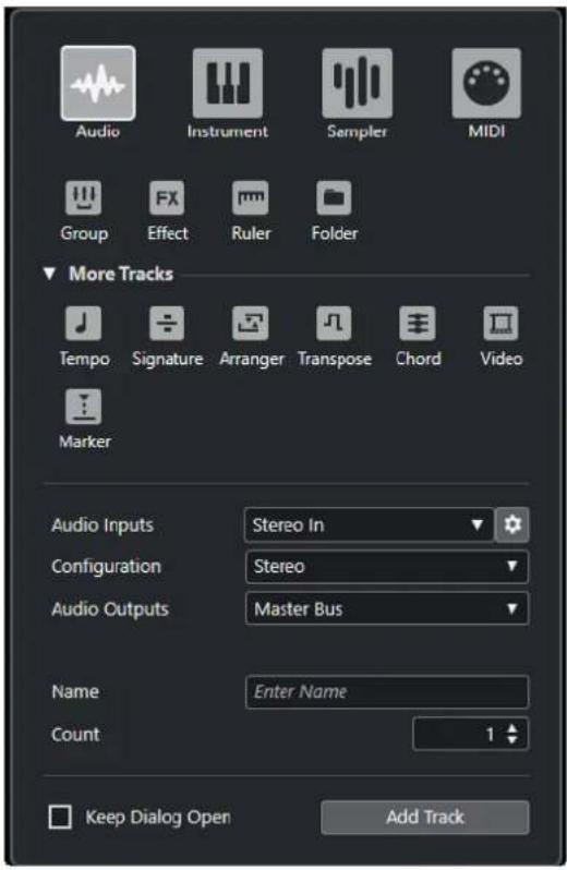 STEINBERG Cubase Artist 13 - Boîte de dialogue Ajouter une piste - 1