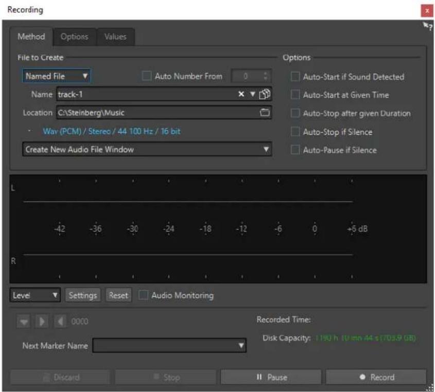 Recording Method Options Values File to Create Named File Auto Number From Name: track-1 Location: C:\Steinberg\Music Wave (PCM) / Stereo / 44 100 Hz / 16 bit Create New Audio File Window Options Auto-Start if Sound Detected Auto-Start at Given Time Auto-Stop after given Duration Auto-Stop if Silence Auto-Pause if Silence Level Settings Reset Audio Monitoring Recorded Time: Disk Capacity: 1190 h 10 min 44 s(703.9 GB) Next Marker Name Discard Stop II Pause Record
