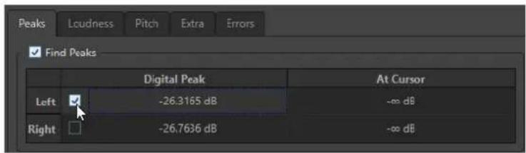 Peaks Loudness Pitch Extra Errors Find Peaks Digital Peak At Cursor Left -26.3165 dB -∞ dB Right -26.7636 dB -∞ dB
