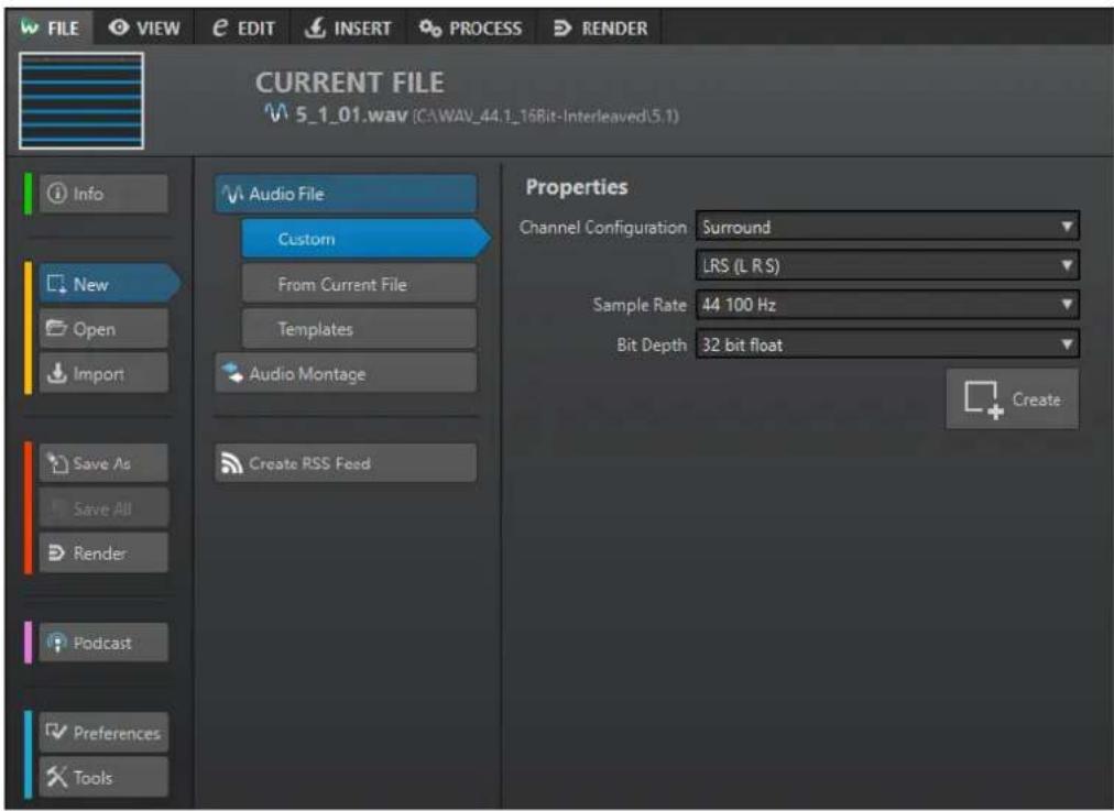 CURRENT FILE 5_1_01.wav (CAWAV_44.1_16Bit-Interleaved\5.1) Info New Open Import Save As Save All Render Podcast Preferences Tools Audio File Custom From Current File Templates Audio Montage Create RSS Feed Properties Channel Configuration Surround LRS (L R S) Sample Rate 44 100 Hz Bit Depth 32 bit float Create