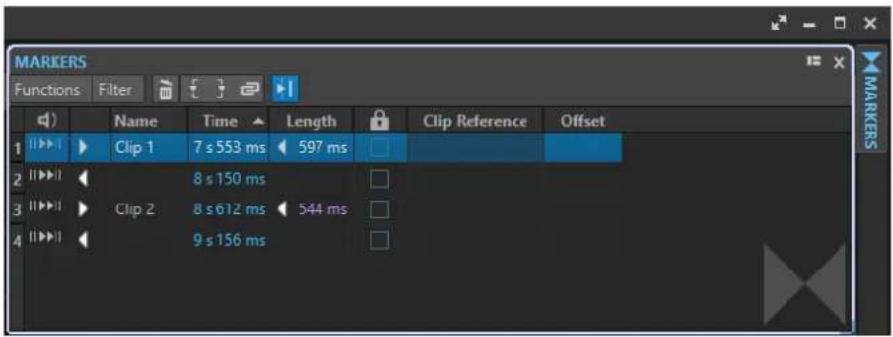 MARKERS Functions Filter Name Time Length Clip Reference Offset 1 Clip 1 7 s 553 ms 597 ms 2 Clip 2 8 s 150 ms 3 Clip 2 8 s 612 ms 544 ms 4 Clip 2 9 s 156 ms