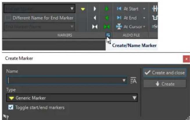 Different Name for End Marker End Marker Name MARKERS At Start At End At Cursor AUDIO FILE Create/Name Marker Create Marker Name Type Generic Marker Toggle start/end markers ✓ Create and close ↓ Create