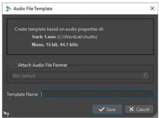 Audio File Template Create template based on audio properties of: Track 1.wav (C:\WaveLab\Audio) Mono, 15 bit, 44.1 kHz Attach Audio File Format Wav default Template Name ✓ Save ✗ Cancel