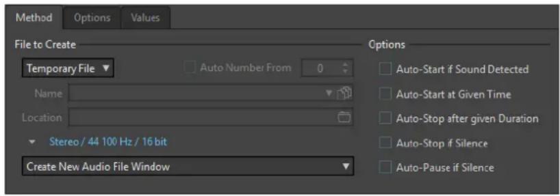Method Options Values File to Create Temporary File Auto Number From 0 Name Location Stereo / 44 100 Hz / 16 bit Create New Audio File Window Options Auto-Start if Sound Detected Auto-Start at Given Time Auto-Stop after given Duration Auto-Stop if Silence Auto-Pause if Silence