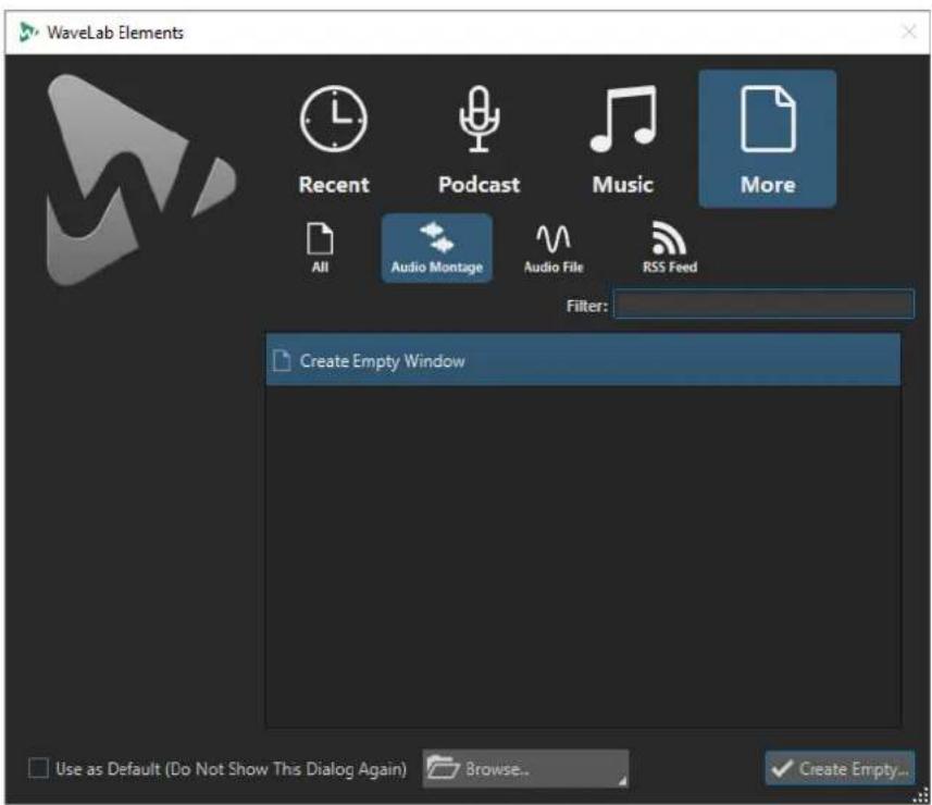 WaveLab Elements Recent Podcast Music More All Audio Montage Audio File RSS Feed Filter: Create Empty Window Use as Default (Do Not Show This Dialog Again) Browse... Create Empty...