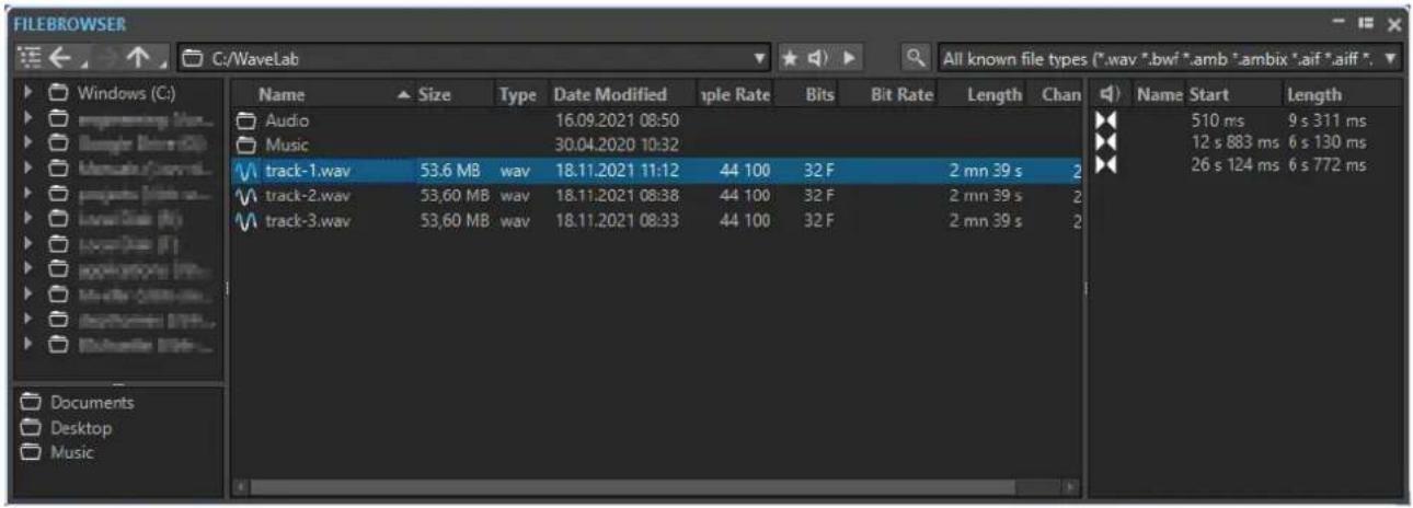 FILEBROWSER C:/WaveLab All known file types (*.wav *.bwi *.amb *.ambix *.aif *.aiff *. Windows (C:) Audio Music track-1.wav 53.6 MB wav 16.09.2021 08:50 30.04.2020 10:32 44 100 32 F 2 mn 39 s track-2.wav 53.60 MB wav 18.11.2021 11:12 44 100 32 F 2 mn 39 s track-3.wav 53.60 MB wav 18.11.2021 08:38 44 100 32 F 2 mn 39 s Documents Desktop Music