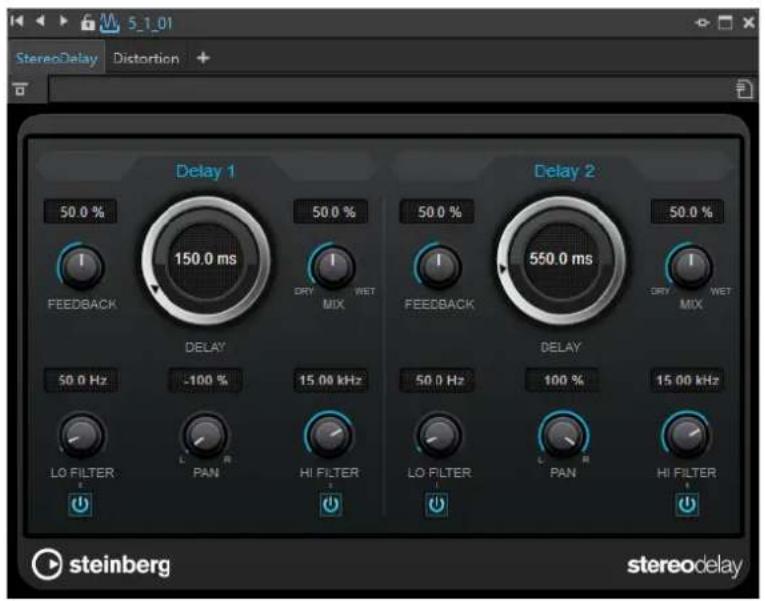 StereoDelay Distortion Delay 1 50.0 % FEEDBACK 150.0 ms 50.0 % DRY WET MIX Delay 50.0 Hz -100 % 15.00 kHz LO FILTER L R HI FILTER L R LO FILTER PAN PAN HI FILTER Delay 2 50.0 % FEEDBACK 550.0 ms 50.0 % DRY WET MIX Delay 50.0 Hz 100 % 15.00 kHz LO FILTER L R HI FILTER L R LO FILTER PAN HI FILTER STEINBERG stereodelay