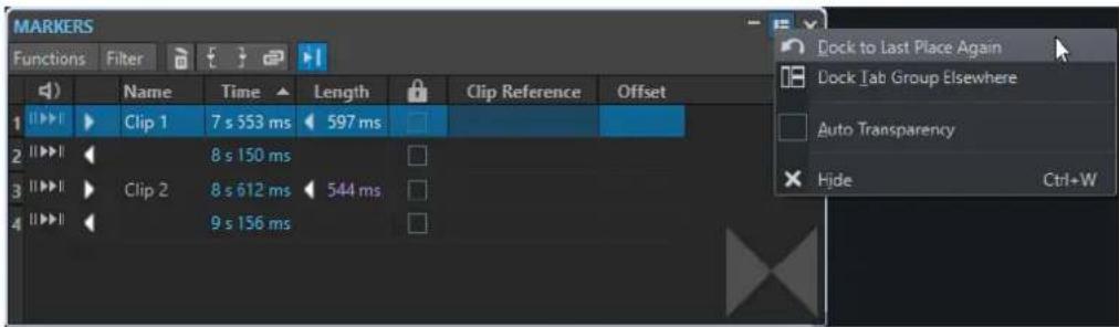 MARKERS Functions Filter Name Time Length Clip Reference Offset 1 Clip 1 7 s 553 ms 597 ms 2 Clip 2 8 s 150 ms 3 Clip 2 8 s 612 ms 544 ms 4 Clip 2 9 s 156 ms Dock to Last Place Again Dock Tab Group Elsewhere Auto Transparency Hide Ctrl+W