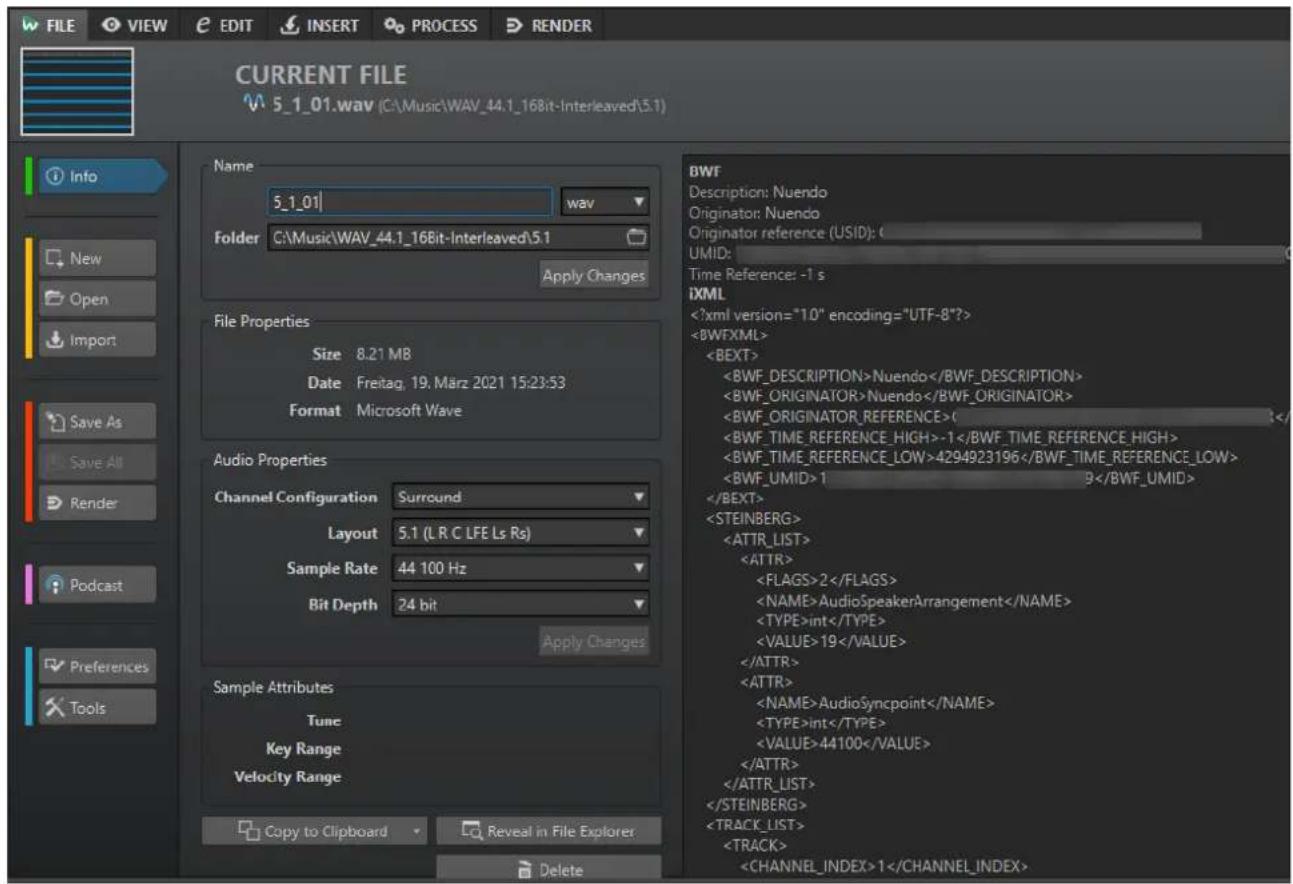 CURRENT FILE 5_1_01.wav (C:\Music\WAV_44.1_16Bit-Interleaved\5.1) Name 5_1_01 wav Folder C:\Music\WAV_44.1_16Bit-Interleaved\5.1 Apply Changes File Properties Size 8.21 MB Date Freitag, 19. März 2021 15:23:53 Format Microsoft Wave Audio Properties Channel Configuration Surround Layout 5.1 (L R C LFE Ls Rs) Sample Rate 44 100 Hz Bit Depth 24 bit Apply Changes Sample Attributes Tune Key Range Velocity Range Copy to Clipboard Reveal in File Explorer Delete BWF Description: Nuendo Originator: Nuendo Originator reference (USID): ( UMID: Time Reference: -1 s IXML Nuendo Nuendo (_ -1 4294923196 1 9 2 AudioSpeakerArrangement int 19 AudioSyncpoint int 44100 1