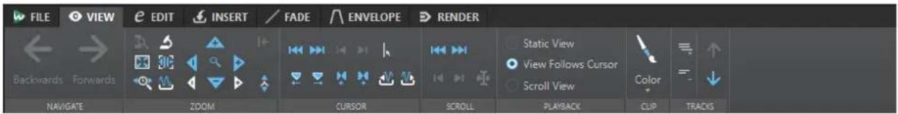 FILE VIEW EDIT INSERT FADE ENVELOPE RENDER Backwards Forwards Static View View Follows Cursor Scroll View Color NAVIGATE ZOOM CURSOR SCROLL PLAYBACK CLIP TRACKS