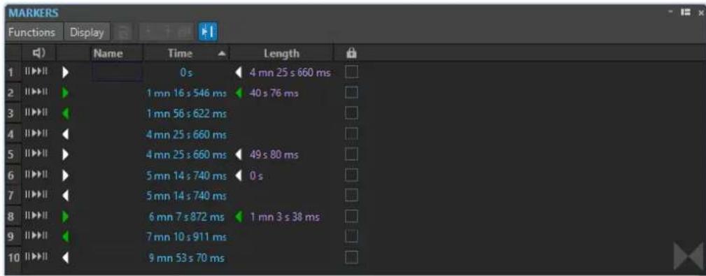 MARKERS Functions Display Name Time Length 0 s 4 mn 25 s 660 ms 1 mn 16 s 546 ms 40 s 76 ms 1 mn 56 s 622 ms 4 mn 25 s 660 ms 4 mn 25 s 660 ms 49 s 80 ms 5 mn 14 s 740 ms 0 s 5 mn 14 s 740 ms 6 mn 7 s 872 ms 1 mn 3 s 38 ms 7 mn 10 s 911 ms 9 mn 53 s 70 ms