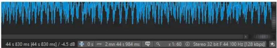 44 s 830 ms [44 s 830 ms] / -4.5 dB 0 s 2 mn 44 s 984 ms x 1:60 Stereo 32 bit F 44 100 Hz [128 kbps]