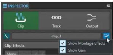 INSPECTOR Clip Track Output clip_3 Show Montage Effects Show Gain Clip Effects Menu
