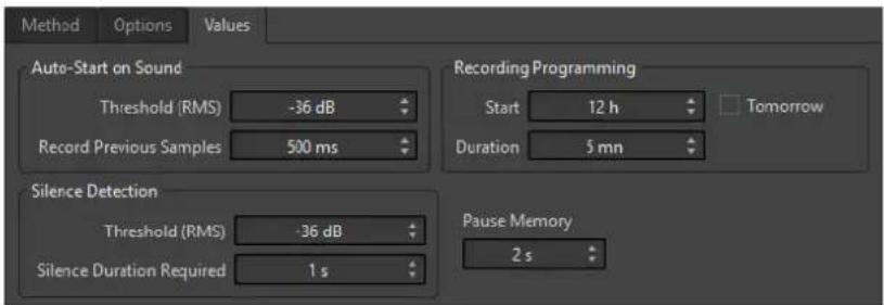 Method Options Values Auto-Start on Sound Threshold (RMS) -36 dB Record Previous Samples 500 ms Recording Programming Start 12 h Tomorrow Duration 5 mn Silence Detection Threshold (RMS) -36 dB Silence Duration Required 1 s Pause Memory 2 s