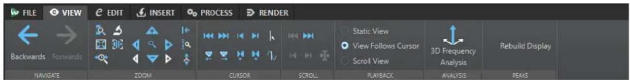 FILE VIEW EDIT INSERT PROCESS RENDER Backwards Forwards Static View View Follows Cursor 3D Frequency Analysis Rebuild Display NAVIGATE ZOOM CURSOR SCROLL PLAYBACK ANALYSIS PEAKS