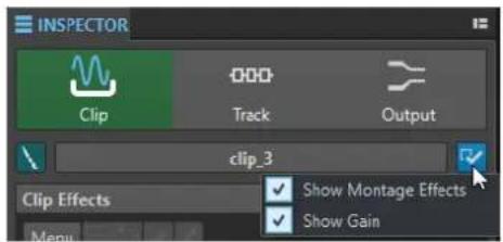 INSPECTOR Clip 000 Track Output clip_3 Show Montage Effects Show Gain Clip Effects Menu