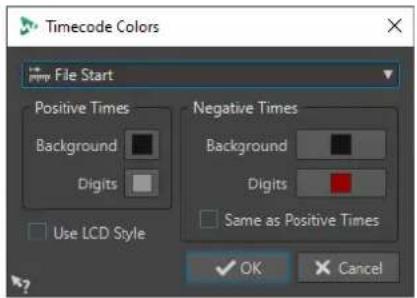 Timecode Colors File Start Positive Times Background Digits Use LCD Style Negative Times Background Digits Same as Positive Times OK Cancel
