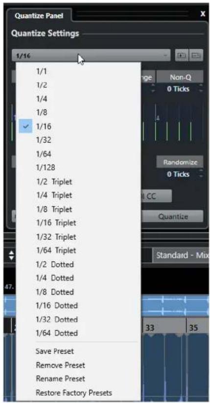 STEINBERG Cubase LE 10.5 - Préréglages de quantification - 1