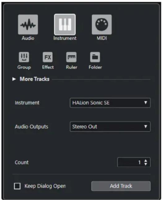 STEINBERG Cubase LE 10.5 - Boîte de dialogue Ajouter une piste - Instrument - 1
