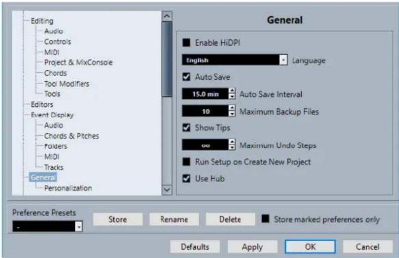 STEINBERG Cubase LE 10.5 - Boîte de dialogue Préférences - 1