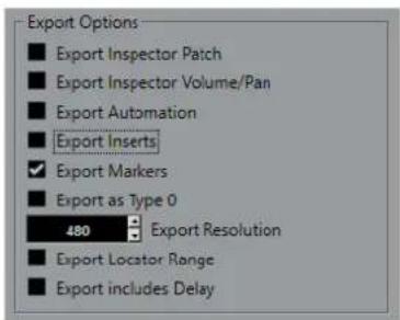 STEINBERG Cubase LE 10.5 - Boîte de dialogue Options d'exportation pour les fichiers MIDI - 1