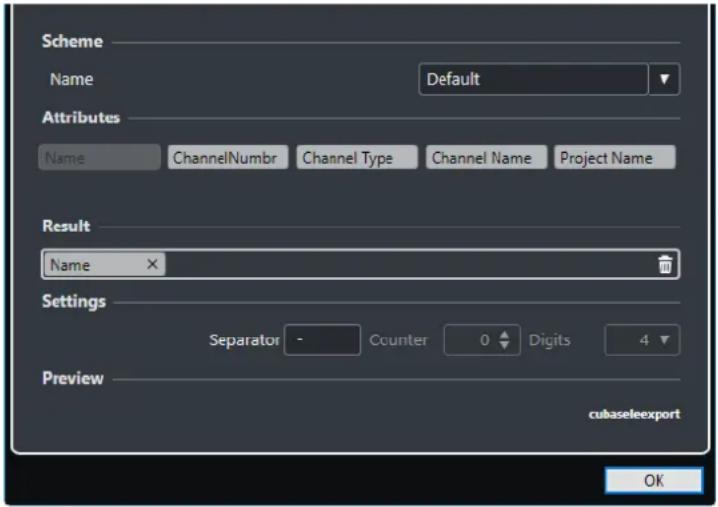 STEINBERG Cubase LE 10.5 - Boîte de dialogue Schéma de nom - 1