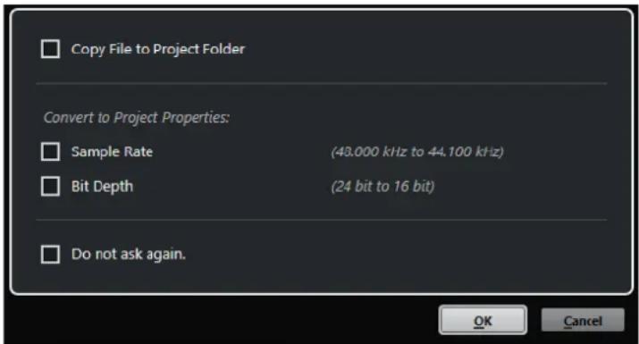 STEINBERG Cubase LE 10.5 - Boîte de dialogue Options d'import pour les fichiers audio - 1