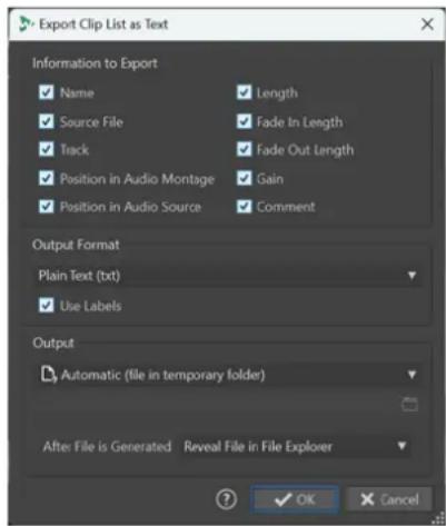 STEINBERG WaveLab Pro 12 - Boîte de dialogue Exporter la liste des clips sous forme de texte - 1