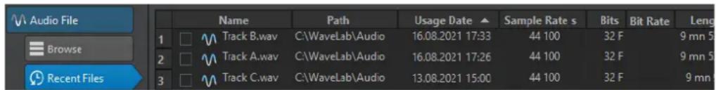 STEINBERG WaveLab Pro 12 - Onglet Fichiers récents - 1