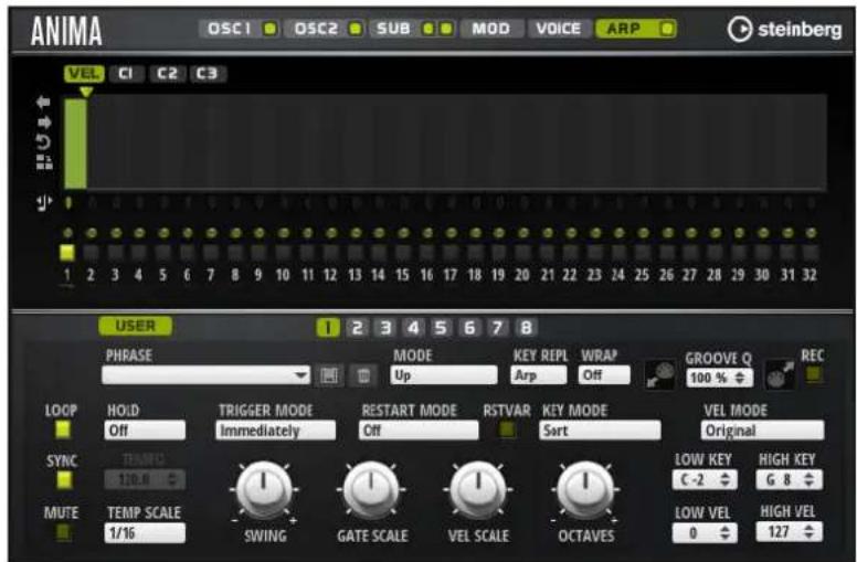 ANIMA OSC1 OSC2 SUB MOD VOICE ARP steinberg VEL C1 C2 C3 USER PHRASE MODE KEY REPL WRAP GROOVE Q REC Up Arp Off 100 % LOOP HOLD TRIGGER MODE RESTART MODE RSTVAR KEY MODE VEL MODE Off Immediately Off Sort Original SYNC TEMPO 110.8 MUTE TEMP SCALE 1/16 SWING GATE SCALE VEL SCALE OCTAVES LOW KEY HIGH KEY C-2 G 8 LOW VEL HIGH VEL 0 127