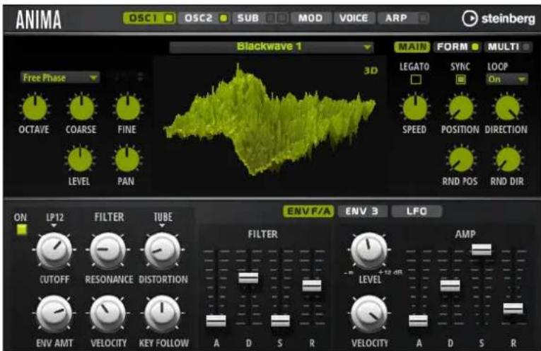 ANIMA OSC1 OSC2 SUB MOD VOICE ARP steinberg Blackwave 1 MAIN FORM MULTI 3D LEGATO SYNC LOOP On SPEED POSITION DIRECTION RND POS RND DIR Free Phase OCTAVE COARSE FINE LEVEL PAN ON LP12 FILTER TUBE CUTOFF RESONANCE DISTORTION ENV AMT VELOCITY KEY FOLLOW ENV F/A ENV 3 LFO FILTER AMP LEVEL A D S R VELOCITY A D S R