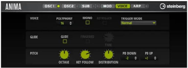 ANIMA OSC1 OSC2 SUB MOD VOICE ARP steinberg VOICE POLYPHONY MONO RETRIGGER TRIGGER MODE 16 Normal GLIDE GLIDE FINGERED TIME PITCH OCTAVE KEY FOLLOW DISTRIBUTION PB DOWN PB UP -2 +2
