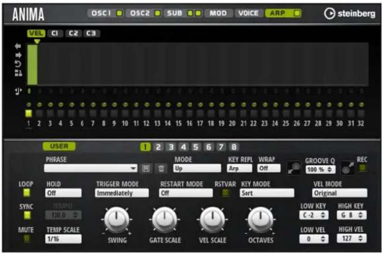 ANIMA OSC1 OSC2 SUB MOD VOICE ARP steinberg VEL C1 C2 C3 USER 1 2 3 4 5 6 7 8 PHRASE MODE KEY REPL WRAP GROOVE Q REC Up Arp Off 100 % LOOP HOLD TRIGGER MODE RESTART MODE RSTVAR KEY MODE VEL MODE Off Immediately Off Sort Original SYNC TEMPO 130.0 MUTE TEMP SCALE I I I I LOW KEY HIGH KEY 1/16 SWING GATE SCALE VEL SCALE OCTAVES LOW VEL HIGH VEL 0 127